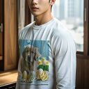 長袖Tシャツ 人間用 メンズ 秋春夏 プリント レジャー アウトドア カジュアル かわいい 犬ファン 花 ゴールデンレトリバー たまご ドット 水色 黄色