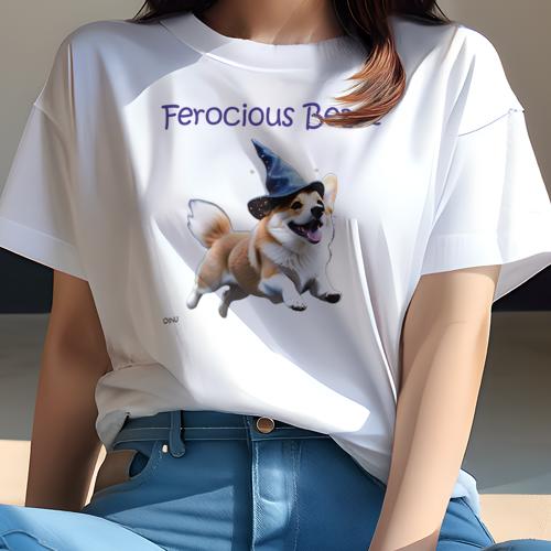 Tシャツ レディース 犬ファン 半袖 春夏 犬柄 プリント カジュアル かわいい 人間用 フィットネス ダンス 魔法帽子 コーギー 魔法 幸せ