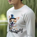 長袖Tシャツ 人間用 メンズ 秋春夏 プリント レジャー アウトドア カジュアル かわいい 犬ファン 帽子 ウェルシュコーギー 幸運 楽しい
