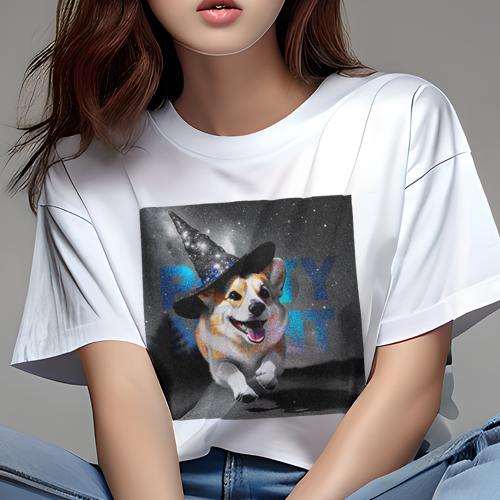 Tシャツ レディース 犬ファン 半袖 春夏 犬柄 プリント カジュアル かわいい 人間用 フィットネス ダンス 星 コーギー 帽子 夜空