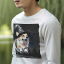 長袖Tシャツ 人間用 メンズ 秋春夏 プリント レジャー アウトドア カジュアル かわいい 犬ファン パーティーハット ウェルシュコーギー 星 夜空