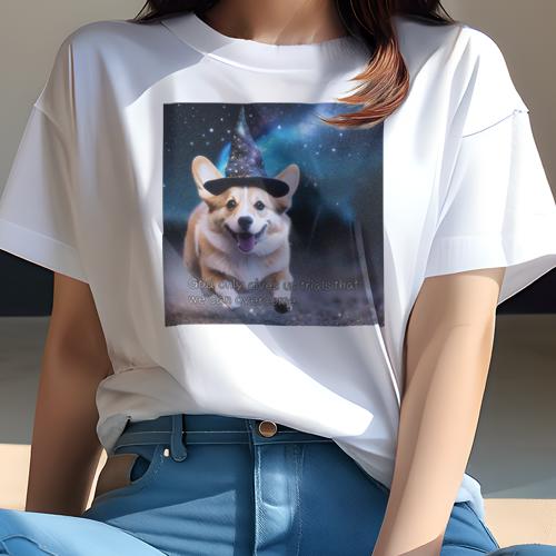 Tシャツ レディース 犬ファン 半袖 春夏 犬柄 プリント カジュアル かわいい 人間用 フィットネス ダンス 魔法の帽子 コーギー 宇宙 星 笑顔(4)