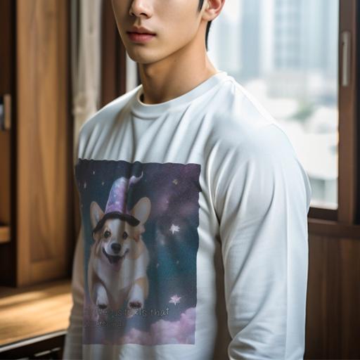 長袖Tシャツ 人間用 メンズ 秋春夏 プリント レジャー アウトドア カジュアル かわいい 犬ファン 魔法の帽子 コーギー 星 雲 夜空