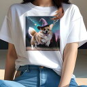 Tシャツ レディース 犬ファン 半袖 春夏 犬柄 プリント カジュアル かわいい 人間用 フィットネス ダンス 魔法の帽子 コーギー 星 森 夜空 質問マーク(4)