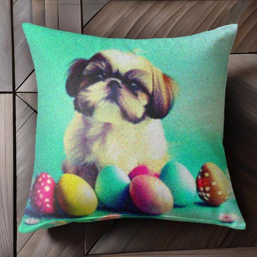 イースターエッグ シーズー パステルカラー 花 クッションカバー 45×45cm アニマル柄 おしゃれ 可愛い クッション本体付き 正方形 犬ファン