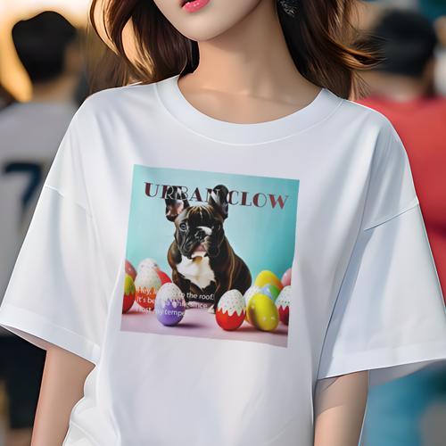 Tシャツ レディース 犬ファン 半袖 春夏 犬柄 プリント カジュアル かわいい 人間用 フィットネス ダンス カラフルな卵 フレンチブルドッグ 水色の背景