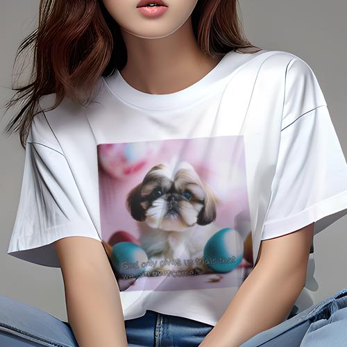 Tシャツ レディース 犬ファン 半袖 春夏 犬柄 プリント カジュアル かわいい 人間用 フィットネス ダンス 卵 シーズー ピンクの背景 カラフルなオブジェクト