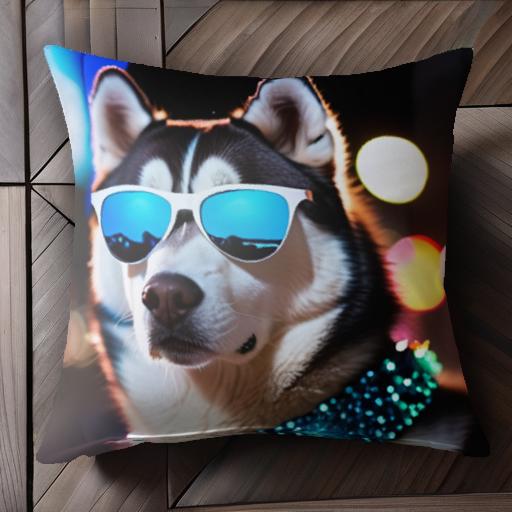 サングラス シベリアンハスキー 首輪 暗闇 ライト クッションカバー 45×45cm アニマル柄 おしゃれ 可愛い クッション本体付き 正方形 ..