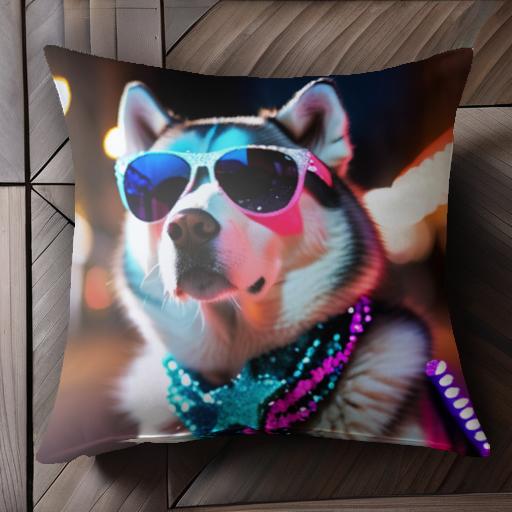 サングラス シベリアンハスキー 夜 ネオン 街 マフラー クッションカバー 45×45cm アニマル柄 おしゃれ 可愛い クッション本体付き 正方形 犬ファン