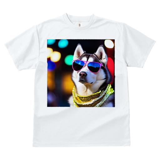 Tシャツ レディース 犬ファン 半袖 春夏 犬柄 プリント カジュアル かわいい 人間用 フィットネス ダンス サングラス シベリアンハスキー スカーフ カラフルな照明
