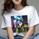 Tシャツ レディース 犬ファン 半袖 春夏 犬柄 プリント カジュアル かわいい 人間用 フィットネス ダンス サングラス シベリアンハスキー ネオン カラフル...