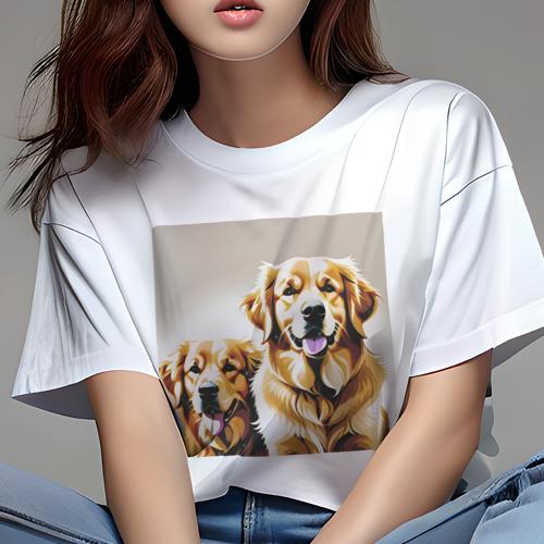 Tシャツ レディース 犬ファン 半袖 春夏 犬柄 プリント カジュアル かわいい 人間用 フィットネス ダンス 笑顔 ゴールデンレトリバー 家族 優しさ