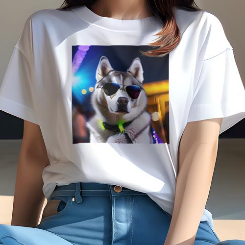 Tシャツ レディース 犬ファン 半袖 春夏 犬柄 プリント カジュアル かわいい 人間用 フィットネス ダンス サングラス シベリアンハスキー ネオン ナイトライフ Tシャツ レディース 犬ファン 半袖 春夏 犬柄 プリント カジュアル かわいい 人間用 フィットネス ダンス サングラス シベリアンハスキー ネオン ナイトライフ