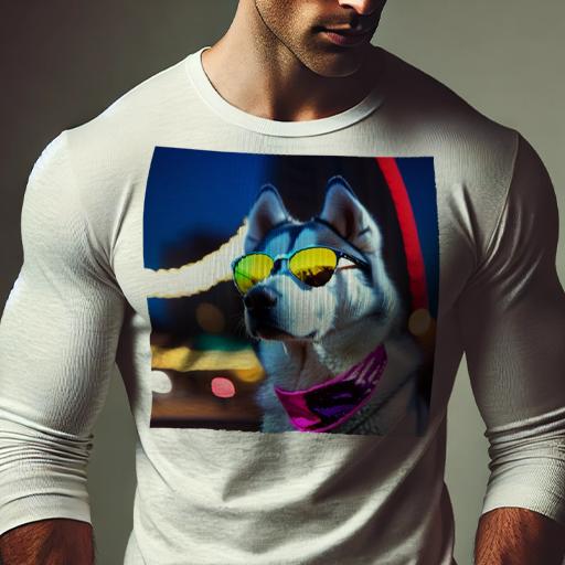 長袖Tシャツ 人間用 メンズ 秋春夏 プリント レジャー アウトドア カジュアル かわいい 犬ファン サングラス シベリアンハスキー 夜景 ネオンライト バンダナ