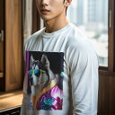 長袖Tシャツ 人間用 メンズ 秋春夏 プリント レジャー アウトドア カジュアル かわいい 犬ファン サングラス シベリアンハスキー ネオンサイン 派手なジャケット(4)