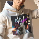 パーカー 人間用 メンズ 秋春夏 プリント レジャー ポケットレス プルオーバーパーカー カジュアル かわいい 犬ファン サングラス シベリアンハスキー 首輪 夜景 光(4)