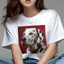 Tシャツ レディース 犬ファン 半袖 春夏 犬柄 プリント カジュアル かわいい 人間用 フィットネス ダンス 赤背景 ダルメシアン 首輪(4)
