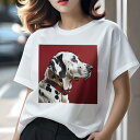 Tシャツ レディース 犬ファン 半袖 春夏 犬柄 プリント カジュアル かわいい 人間用 フィットネス ダンス 赤い首輪 ダルメシアン 赤い背景(4)