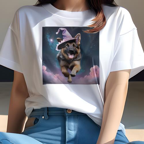 Tシャツ レディース 犬ファン 半袖 春夏 犬柄 プリント カジュアル かわいい 人間用 フィットネス ダンス 魔法使いの帽子 ジャーマンシェパードドッグ 星 雲 夜空 ハート