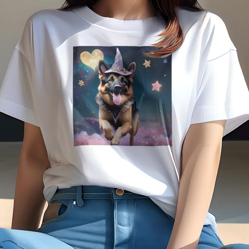 Tシャツ レディース 犬ファン 半袖 春夏 犬柄 プリント カジュアル かわいい 人間用 フィットネス ダンス 魔法 ジャーマンシェパードドッグ 星 ハート 雲 幻想