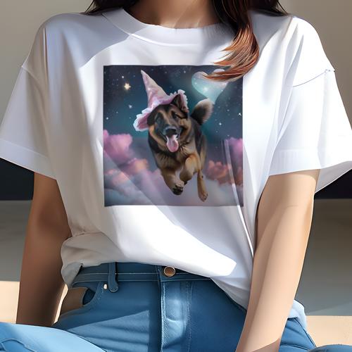 Tシャツ レディース 犬ファン 半袖 春夏 犬柄 プリント カジュアル かわいい 人間用 フィットネス ダンス 魔法の帽子 ジャーマンシェパード ハート 星 雲 星空 Tシャツ レディース 犬ファン 半袖 春夏 犬柄 プリント カジュアル かわいい 人間用 フィットネス ダンス 魔法の帽子 ジャーマンシェパード ハート 星 雲 星空