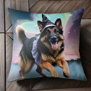 魔法使いの帽子 ジャーマンシェパードドッグ 星空 ハート形のオーロラ 羽 クッションカバー 45×45cm アニマル柄 おしゃれ 可愛い クッション本体付き 正方形 犬ファン|詳細画像