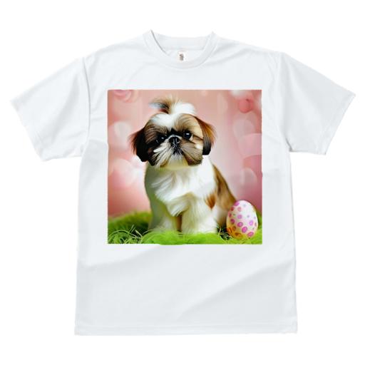 Tシャツ レディース 犬ファン 半袖 春夏 犬柄 プリント カジュアル かわいい 人間用 フィットネス ダンス イースターエッグ シーズー ピンクの背景 草