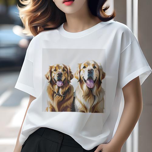 Tシャツ レディース 犬ファン 半袖 春夏 犬柄 プリント カジュアル かわいい 人間用 フィットネス ダンス 笑顔 ゴールデンレトリバー 幸せ 友情 ペット 家族