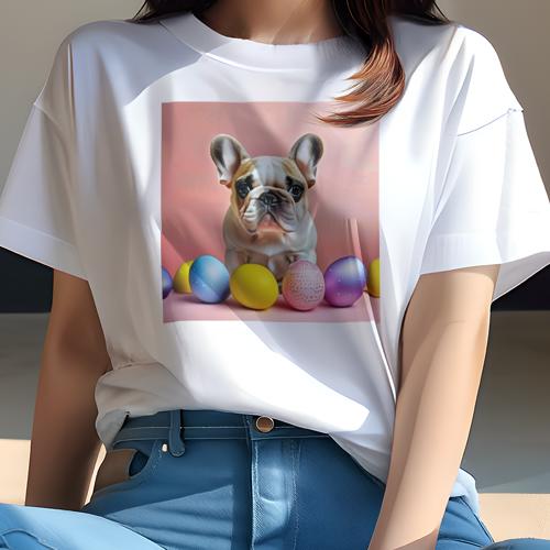 Tシャツ レディース 犬ファン 半袖 春夏 犬柄 プリント カジュアル かわいい 人間用 フィットネス ダンス イースターエッグ フレンチブルドッグ 色とりどりの卵 パステルカラーの背景
