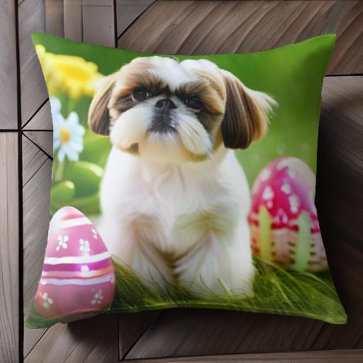 卵 シーズー 花 草 クッションカバー 45×45cm アニマル柄 おしゃれ 可愛い クッション本体付き 正方形 ..