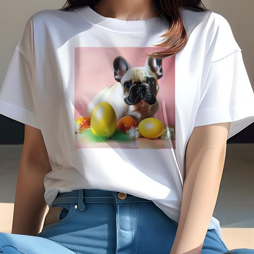 Tシャツ レディース 犬ファン 半袖 春夏 犬柄 プリント カジュアル かわいい 人間用 フィットネス ダンス イースターエッグ フレンチブルドッグ ピンクの背景