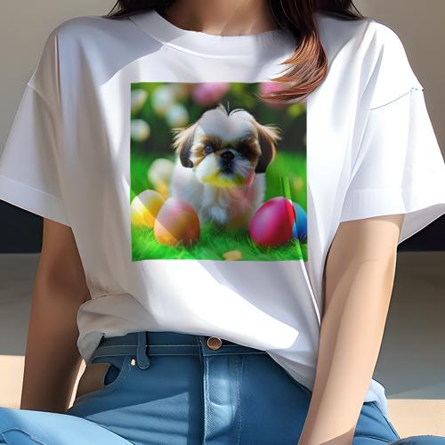 Tシャツ レディース 犬ファン 半袖 春夏 犬柄 プリント カジュアル かわいい 人間用 フィットネス ダンス イースターエッグ シーズー 芝生 花 Tシャツ レディース 犬ファン 半袖 春夏 犬柄 プリント カジュアル かわいい 人間用 フィットネス ダンス イースターエッグ シーズー 芝生 花