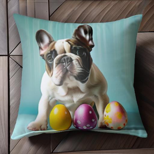 卵 フレンチブルドッグ 色とりどり イースター 背景が青 カラフル クッションカバー 45×45cm アニマル柄 おしゃれ 可愛い クッション本..
