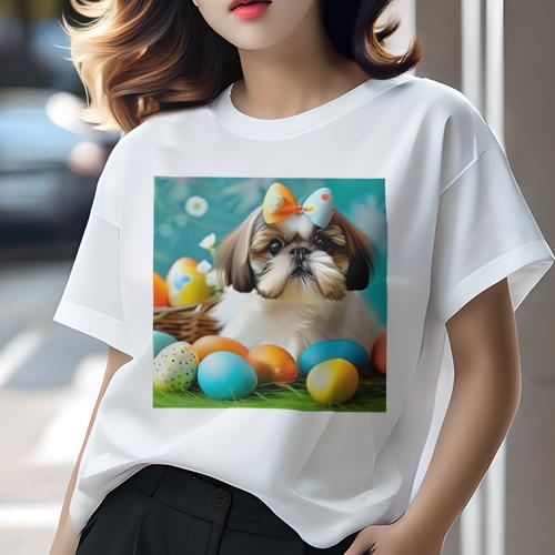 Tシャツ レディース 犬ファン 半袖 春夏 犬柄 プリント カジュアル かわいい 人間用 フィットネス ダンス イースターエッグ シーズー リボン 草 花 バスケット Tシャツ レディース 犬ファン 半袖 春夏 犬柄 プリント カジュアル かわいい 人間用 フィットネス ダンス イースターエッグ シーズー リボン 草 花 バスケット
