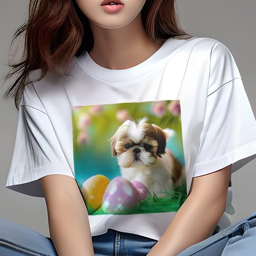 Tシャツ レディース 犬ファン 半袖 春夏 犬柄 プリント カジュアル かわいい 人間用 フィットネス ダンス イースターエッグ シーズー 花 草