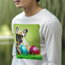 長袖Tシャツ 人間用 メンズ 秋春夏 プリント レジャー アウトドア カジュアル かわいい 犬ファン イースターエッグ ブルドッグ 芝生 春