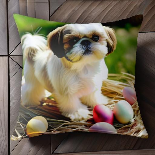 カラフルな卵 シーズー 草 巣 クッションカバー 45×45cm アニマル柄 おしゃれ 可愛い クッション本体付..