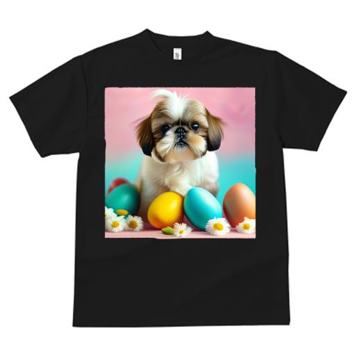 Tシャツ メンズ キッズ 犬ファン 半袖 春夏 犬柄 プリント カジュアル かわいい 人間用 フィットネス ダンス イースターエッグ シーズー デイジー ピンクの背景 青の背景