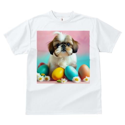 Tシャツ メンズ キッズ 犬ファン 半袖 春夏 犬柄 プリント カジュアル かわいい 人間用 フィットネス ダンス イースターエッグ シーズー デイジー ピンクの背景 青の背景