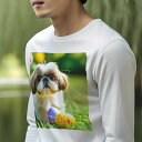 長袖Tシャツ 人間用 メンズ 秋春夏 プリント レジャー アウトドア カジュアル かわいい 犬ファン たまご シーズー 花 芝生
