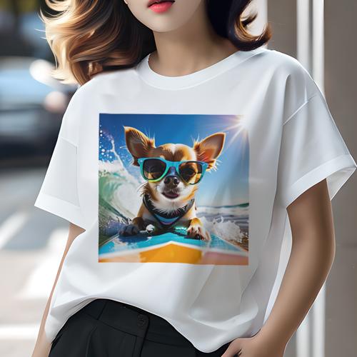 Tシャツ レディース 犬ファン 半袖 春夏 犬柄 プリント カジュアル かわいい 人間用 フィットネス ダンス サングラス チワワ サーフィン 海 波 青い空