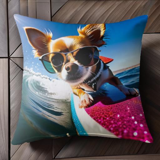 サングラス チワワ サーフボード 海 日差し クッションカバー 45×45cm アニマル柄 おしゃれ 可愛い クッション本体付き 正方形 犬ファン