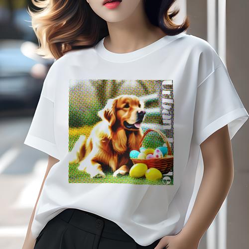 Tシャツ レディース 犬ファン 半袖 春夏 犬柄 プリント カジュアル かわいい 人間用 フィットネス ダンス イースターエッグ ゴールデンレトリバー バスケット 緑の背景 ポップアート(4)