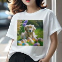 Tシャツ レディース 犬ファン 半袖 春夏 犬柄 プリント カジュアル かわいい 人間用 フィットネス ダンス 花 ゴールデンレトリバー イースターエッグ 庭(4)