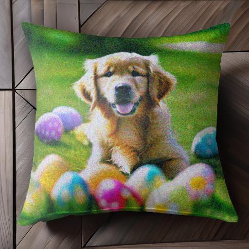 芝生 ゴールデンレトリバー カラフルな卵 イースター 春 クッションカバー 45×45cm アニマル柄 おしゃれ 可愛い クッション本体付き 正方形 犬ファン