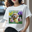 Tシャツ レディース 犬ファン 半袖 春夏 犬柄 プリント カジュアル かわいい 人間用 フィットネス ダンス イースターエッグ ゴールデンレトリバー チューリップ 草