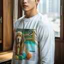 長袖Tシャツ 人間用 メンズ 秋春夏 プリント レジャー アウトドア カジュアル かわいい 犬ファン 卵 ゴールデンレトリバー 花 ?マーク