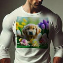 長袖Tシャツ 人間用 メンズ 秋春夏 プリント レジャー アウトドア カジュアル かわいい 犬ファン イースターエッグ ゴールデンレトリバー チューリップ 草