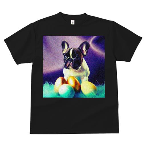 Tシャツ レディース 犬ファン 半袖 春夏 犬柄 プリント カジュアル かわいい 人間用 フィットネス ダンス イースターエッグ フレンチブルドッグ 青い羽毛 紫色の背景