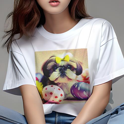 Tシャツ レディース 犬ファン 半袖 春夏 犬柄 プリント カジュアル かわいい 人間用 フィットネス ダンス イースター シーズー 卵 リボン 花 Tシャツ レディース 犬ファン 半袖 春夏 犬柄 プリント カジュアル かわいい 人間用 フィットネス ダンス イースター シーズー 卵 リボン 花